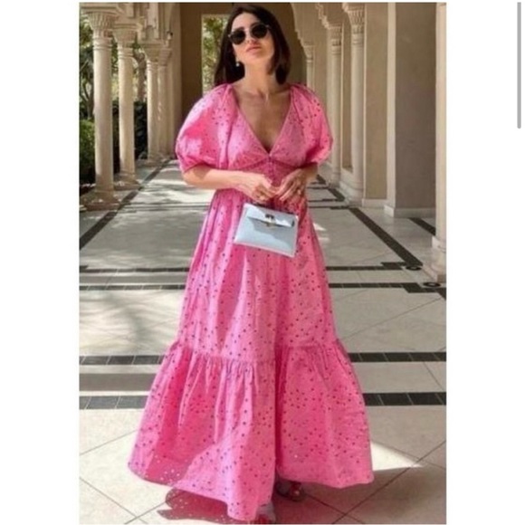 NWT Zara Openwork Embroidered Eyelet Puff Sleeve Pink Maxi Dress - Picture 2 of 6